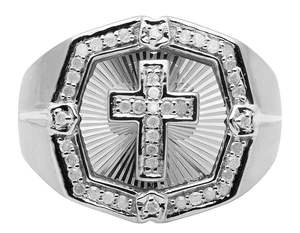 Anillo de cruz de oro blanco para hombre con diamantes, corte redondo brillante, estilo religioso, engaste pavé, diamantes naturales color G - Product Image 1