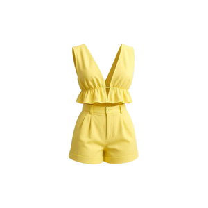 Wholesale Yellow Two-Piece Short Set Sleeveless <b>Top</b> with Ruffle Casual Spring/Summer Outfit Solid Color Crepe Fabric Short Set - Product Image 3