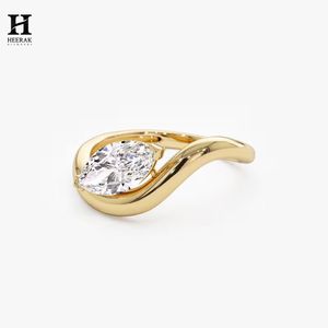แหวนเพชรทรงมาร์คีส์แบบอีสต์เวสต์ ดีไซน์เฉพาะตัว เพชรเพาะเลี้ยง 14K 18K ทองคำเหลือง วงแหวนโค้งแบบบายพาส ขอบครึ่งวงแบบโซลิแทร์ - Product Image 5