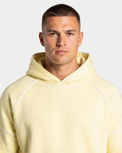 Conjunto Deportivo para Hombre, Color Amarillo Lima, Estilo Oversize con Líneas en Contraste, Sudadera con Capucha de Felpa de Algodón de Primera Calidad y Pantalones Deportivos de Pierna Ancha, Venta al Por Mayor - Product Image 3