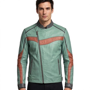 Amkoor Men's Custom Color PU Leather Motorcycle <b>Jacket</b> <b>Slim</b> <b>Fit</b> Stand Collar Color Block Zipper Closure Autumn Biker <b>Jacket</b> - Product Image 1