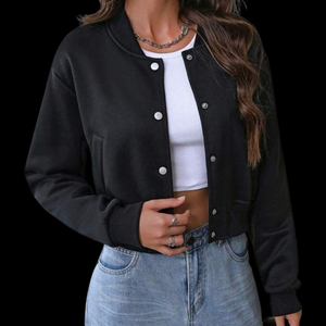 Saleh Enterprises Women's Cropped Varsity Jacket Solid Black Full Sleeve Stand Collar <b>Covered</b> <b>Button</b> Closure Winter Streetwear - Product Image 1