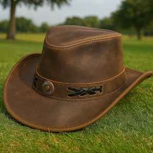 Hot selling Custom Handmade Brown Full Grain Leather Cowboy <b>Hat</b> Western Outback Style - Product Image 2