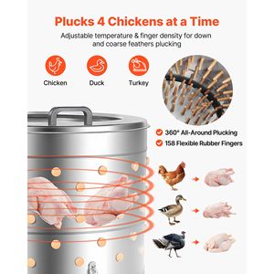 Máquina desplumadora de pollos eléctrica de 1200W y 275 RPM con tambor de 25.6 pulgadas, 158 dedos desplumadores suaves y herramienta de transporte de carne de aves. - Product Image 2