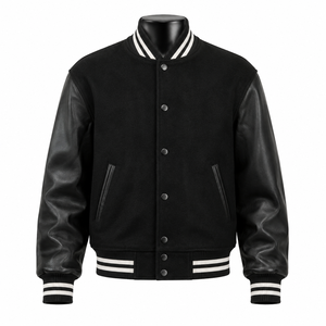 Custom Black Wool Leather Varsity <b>Jacket</b> <b>Men</b> <b>White</b> Stripe Rib Letterman Baseball <b>Jacket</b> OEM Embroidery Bulk Manufacturer - Product Image 1