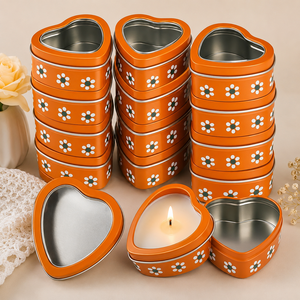 Heart Shape Candle Tin with Lid Decorative Metal Candle Container Orange Floral Design Reusable Storage <b>Box</b> for Gifts Home Decor - Product Image 1