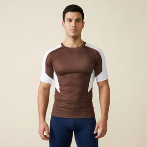 Men's Brown Compression T-Shirt Short Sleeve O-Neck Slim Fit Quick Dry Sporty Athletic Wear - Product Image 6