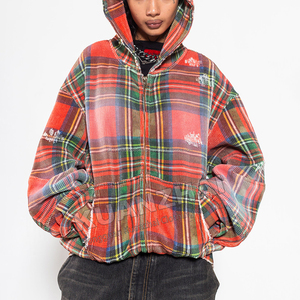 <b>Acid</b> Wash Distressed Waffle Knit Boxy Cropped Oversize <b>Drop</b> Shoulder Zip up Jackets Men Custom Plaid Flannel Hoodie Manufacturer - Product Image 1