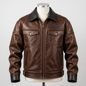 Chaqueta de cuero sintético marrón para hombre, con cremallera, cuello alto, bolsillos, estilo motociclista vintage, personalizada, OEM, al por mayor - Product Image 3