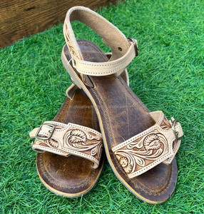 Sandales à bout marron ouvertes en cuir véritable Western élégant fait main véritable pour femmes - Product Image 3