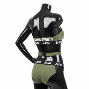 Ensemble de bikini tactique pour femme en nylon et élasthanne, tissu compressif, vert olive, avec panneaux à bretelles, logo patch et ceinture pour ensemble de bikini - Product Image 5