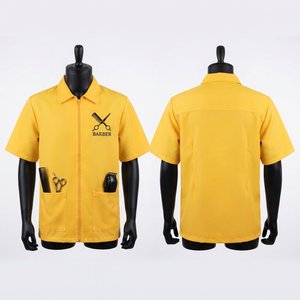 Veste de barbier pour homme en tissu polyester premium 180 GSM, jaune, manches courtes, fermeture éclair sur le devant, panneaux de devanture, logo personnalisé imprimé à l'écran - Product Image 1