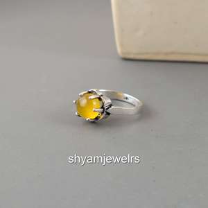 Natural Yellow Onyx 925 Sterling Silver 14K Gold Plated Ring | Cabochon Gemstone Crown Setting Boho Hippie Style Unisex Ring - Product Image 5