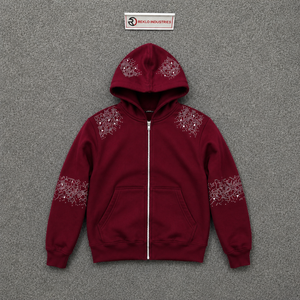 Sudadera con capucha y cremallera color granate con pedrería, detalles de pedrería en hombros y mangas, corte regular, estilo casual, cómoda y urbana, al por mayor. - Product Image 5