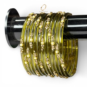 Ensemble de bracelets en verre de style Kashmiri Raindrop, couleur vert olive, pour mariage, pour femmes, au prix de gros le plus bas - Product Image 1