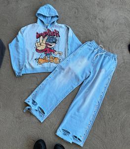 Conjunto de Sudadera con Capucha y Cremallera Completa de Algodón Premium con Pedrería Transpirable y Ecológica, y Pantalones de Chándal de Pierna Ancha, Estilo Casual, Marca Privada - Product Image 1