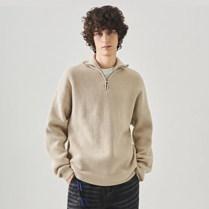 <b>Men's</b> Beige Mandarin Collar Ribbed Knit Cardigan Full Sleeve Solid Color Anti-Pilling Winter Wear - Product Image 6