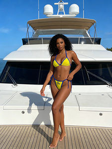 Maillot de bain bikini sexy d'été, nouveau motif drapeau national, jaune et bleu contrastant, bretelles, coupe triangle, fente latérale - Product Image 4