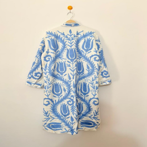 Blue Suzani Embroidered Cotton Kimono with Bohemian Long <b>Duster</b> Silhouette Lightweight Open Front Robe - Product Image 3