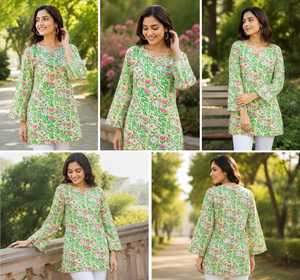 Haut court en coton pur imprimé floral indien à col halter pour femme, tunique décontractée d'été à motifs imprimés à la main, vêtement féminin - Product Image 5