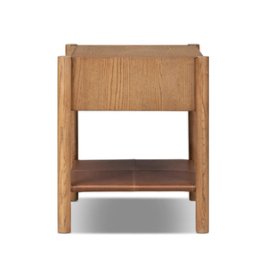 Modern Mango <b>Wood</b> Nightstand <b>Bedside</b> Table 1 Drawer Side <b>Cabinet</b> with Leather Shelf for Bedroom Hotel Home Office - Product Image 3
