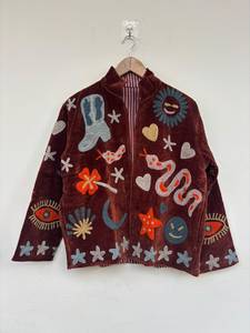 Veste d'hiver réversible brodée Soleil et Lune, doublure en velours et coton, style bohème, artisanale indienne - Product Image 2