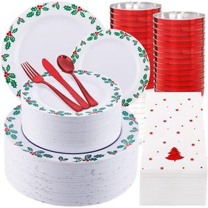 Ensemble de vaisselle de Noël au design exquis Holly, 50 assiettes en plastique, 50 couverts rouges, kits de fournitures de fête jetables pour les occasions festives - Product Image 1