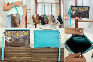 2026 Personalized Hand Tooled Leather Wristlet Clutch for Women's High Quality Genuine Hair-On Cowhide Embossed Leather <b>Wallet</b> - Product Image 3