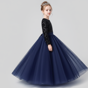 ชุดราตรีเด็กผู้หญิงผ้ากำมะหยี่สีน้ำเงินพรีเมียมปักเลื่อมประดับด้วยผ้าเน็ตเนื้อนุ่มสไตล์เจ้าหญิง สำหรับงานเลี้ยงตอนเย็น ขายส่งแบบ OEM - Product Image 3