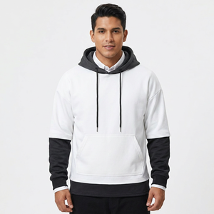 <b>Men's</b> <b>White</b> Hooded <b>Sweatshirt</b> With Black Sleeve And Hem Casual Knitted Pullover Regular Fit Solid Color Autumn Wear - Product Image 3