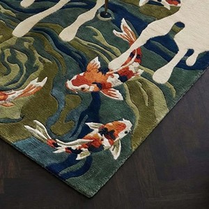 Tapis en laine moderne à motifs de poissons Koi, abstrait et artistique, tufté à la main, pour décoration de salon, design étang aquatique, tapis de sol doux et luxueux pour la maison - Product Image 3