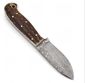 Couteau utilitaire artisanal en acier Damas à motifs, manche en corne de cerf texturée, qualité DIY, personnalisable OEM, pièce d'exposition compacte - Product Image 5