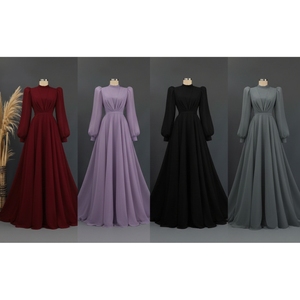 Elegante vestido de noche de gasa con corte en A |   Vestido formal hasta la rodilla con cuello alto, mangas abullonadas y pliegues frontales |   Vestido de invitada de boda con cintura imperio - Product Image 6