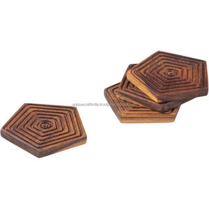 Floral Engraved Round <b>Wooden</b> Coaster Set | Handcrafted Sheesham Drink <b>Mats</b> | Elegant <b>Table</b> Decor - Product Image 6