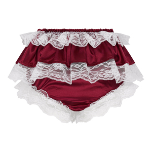 Culotte taille haute pour femme en dentelle bordeaux à volants avec nœuds décoratifs, sans couture, tricotée, douce, séchage rapide, style mignon et élégant - Product Image 2