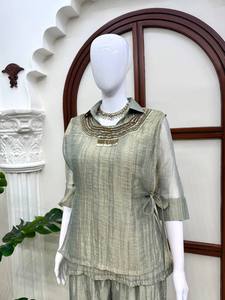 Green Linen <b>Indian</b> Pakistani Set Embroidered Collar Loose Fit Short Sleeve <b>Top</b> and Wide Leg Pants Summer Wear - Product Image 3
