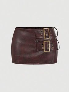 Jupe crayon mini en cuir taille haute pour femme, couleur unie, coupe ajustée, style vintage, avec ceinture décorative, toutes saisons, satin respirant - Product Image 5