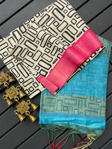 Magnifique sari imprimé avec une élégante ligne Zari et un haut imprimé, en soie Tussar, pour femmes, disponible en gros. - Product Image 1