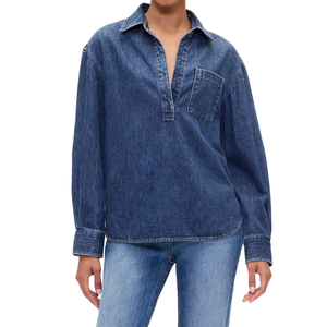 Camisa Casual de Algodón Tejido para Mujer con Cuello Abotonado, Transpirable, Resistente a la Decoloración, con Logotipo Frontal, Corte Holgado para Uso Diario - Product Image 1