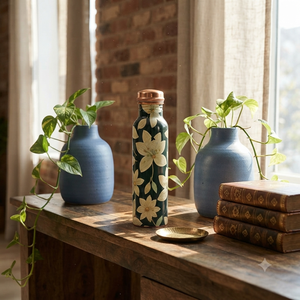 Botella de Agua de Cobre Hecha a Mano con Diseño Floral Kalamkari, Botella Metálica para Beber, Venta al Por Mayor, Exportación, Regalo para el Hogar y la Cocina, Proveedores - Product Image 4
