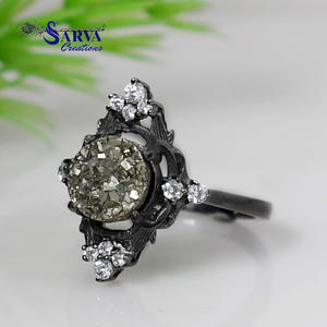 Natural Raw Pyrite <b>Ring</b> Engagement <b>Ring</b> with Cubic Zirconia Accents Handmade 925 Sterling <b>Silver</b> <b>Statement</b> <b>Ring</b> for Women - Product Image 2