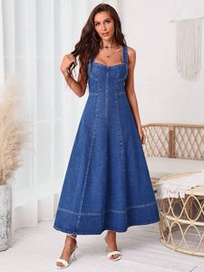 Vestido Midi Azul Vaquero sin Mangas con Pliegues Escalonados, Estilo Espalda Descubierta con Botones Delanteros para Fiestas Casuales - Product Image 6