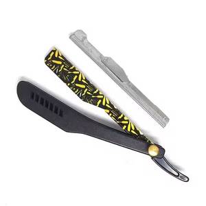 Black And Yellow Patterned Straight <b>Razor</b> Stainless Steel <b>Blade</b> ABS Handle <b>Single</b> <b>Blade</b> For Men Barber Shop Use - Product Image 3