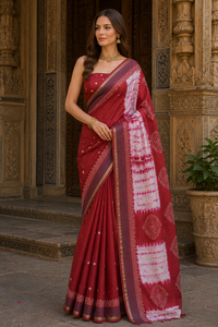 Sari en coton bordeaux traditionnel indien avec imprimé Bandhani, vêtements ethniques pour femmes, sari tie-dye Shibori avec pièce de tissu pour la blouse - Product Image 5