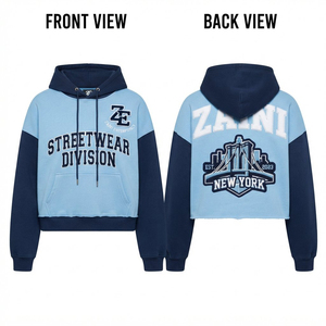 Premium 320 GSM 100% Cotton Fleece Crop <b>Hoodie</b> Light Blue <b>Navy</b> Solid Custom Applique Embroidery <b>Women's</b> Lined Eco-Friendly - Product Image 1