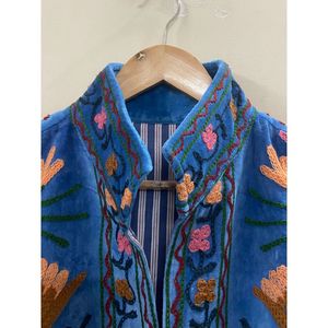 Hand Embroidered <b>Velvet</b> Knitted Cotton Breathable <b>Jacket</b> <b>Women</b> Mandarin Collar Full Sleeve Floral Pattern Open Front - Product Image 2