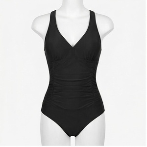 Women's Black One Piece Swimsuit Deep V Neck Ruched High Waist Tummy Control Shapewear Push Up <b>Bikini</b> Beachwear - Product Image 1