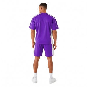 <b>Men's</b> Purple Crew Neck Knitted <b>T</b>-<b>Shirt</b> Set Solid Color Sporty Summer Wear Quick Dry Polyester Cotton <b>Shorts</b> - Product Image 2