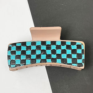 Personalized New Hand <b>Tooled</b> Genuine Leather Hair Claw <b>Clip</b> Large Luxury Hair Accessories Turquoise & Black Checkered Women's - Product Image 4