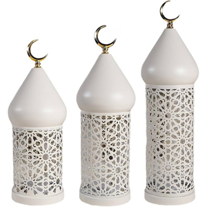 Lanterna Cilindrica in Metallo Bianco con Decorazione Geometrica a Mezzaluna, Portacandele per Ramadan, Eid e Decorazioni Domestiche - Product Image 4